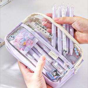 Kawaii Sanrio Pencil Bag Large Capacity Kuromi/Melody/Kitty School Cases Multilayers Stationery Bag with Handle Zipper Pencil Pouch