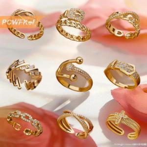 【PCWFKef】 2025ใหม่ยอดนิยมแหวนคริสตัลเซอร์คอนชุบทองสแตนเลสสำหรับผู้หญิงห่วงโซ่เรขาคณิตแหวนใส่นิ้วเครื่องประดับของขวัญ