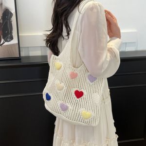 G5Q1 Tote Bag Lover Heart Thread Woven Bag Beach Handbag Hollow Out Beach Bag Simple Large Capacity Hollow Shoulder Bag Girls