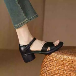 Free Shipping Soft Leather One-Strap Roman Sandals New Summer WomenS Shoes Thick-Soled Chunky-Heeled High Heels