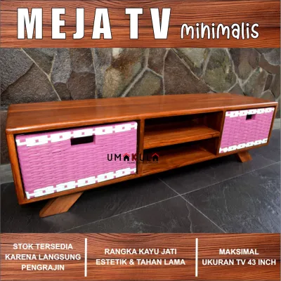Furniture Meja TV 43 Inci Kayu Jati 2 Laci Rotan Sintetis Rak Buffet Lemari Ruang Tamu Minimalis