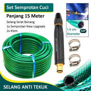 TUKUO Alat Cuci Motor Set Selang Panjang 15 Meter 5/8" Semprotan Upgrade Kuningan - Selang Semprotan Air Kuningan Cuci Motor Mobil - Paket Selang 5/8 Inch Set Alat Cuci Motor Selang Air Serat Benang Hijau Semprotan Air Kuningan Ukuran 5/8 Inchi