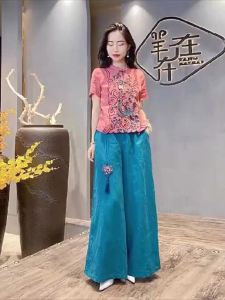 Cotton Linen Wide Leg Pants Womens Loose Fitting Ethnic Style Summer New Artistic Retro Chinese Tea Costume PantsA99