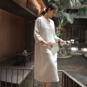 2026 Spring Women Linen Dress New Chinese Style Split Slim Long Dress