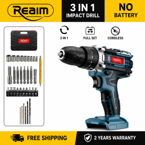 REAIM Cordless Impact Drill Heavy Duty Original Brushless Barena Drill Set Electric Drill 3 in 1 Cordless Impact Drill