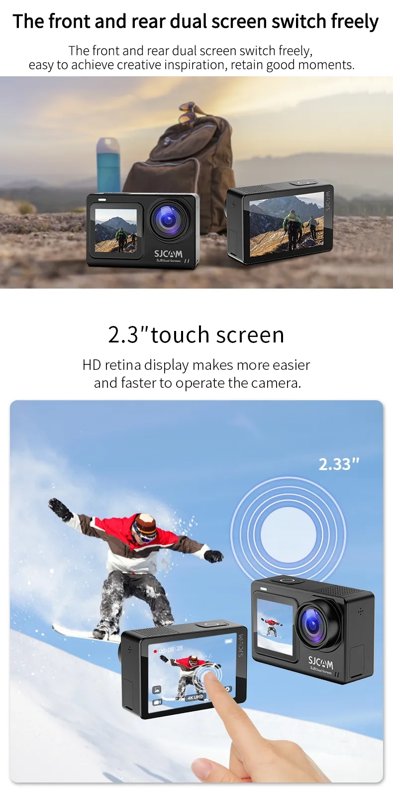 SJCAM กล้องแอคชั่น SJ8 หน้าจอคู่ Dual Screen 4K 30FPS 12MP กันน้ำได้ มี WiFi มองเห็นตอนกลางคืน กล้องกีฬาหน้าจอสัมผัส 2.33 นิ้ว