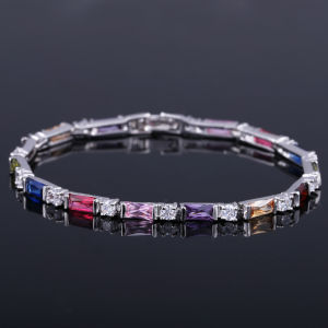 SEQUITO Exquisite Ladies Silver Plated Bangle Paved Setting Baguette Cut Baguette Cut AAA Multicolor Cubic Zircon Jewelry Bracelet Charm Daily Party Bangle B200
