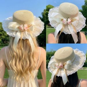 CHLOCH Phong cách Lolita Mũ chống nắng mùa hè Thoáng khí Nút thắt bướm Mũ che nắng bằng ren Thời trang Hoa giả Mũ cói đi biển Ngoài trời