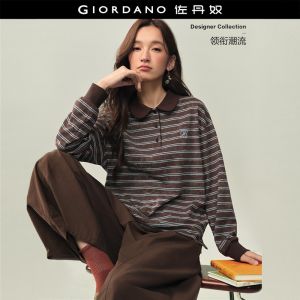Giordano Women Vintage washed striped long sleeve polo shirt Free Shipping 18316204