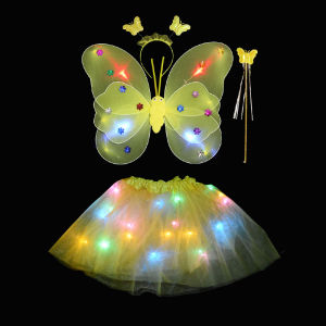 【COD&Local】Kids Girls Fairy Costume Set Light Up Butterfly Wing Mesh Tulle Skirt and Headband Fairy Wand for Toddler Cosplay