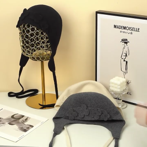 Handmade Wool Flower Hat Ear Covering Hat Elegant Wool Hat Cold Weather Hat for Cold Weather