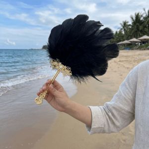 ECOCOKU Gold Handle Feather Hand Fan Colorful Vintage Ornate Handheld Fan Handmade Craft Chinese Style Dance Fan Wedding Party