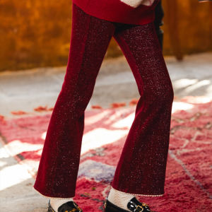 Rolanko Girls Bell Bottom Chenille Silver Threaded Flare Pants with Pearls Sparkly Corduroy Flare Trousers for Kids 5-12Years