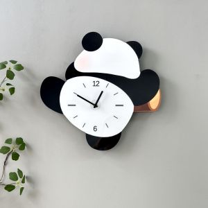 FOUNDTWO Silent Swinging Panda Wall Clock Cartoon Wooden Mute Clock Festival Gifts Time Accuracy Digital Clock Rooms