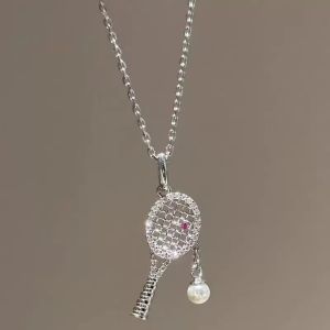 MJJ8 Pearl Chain Racquet Pendant Necklace Pink Zircon Rhinestone Accent Zircon Pearl Chain Necklace Shining Exquisite Design Rhinestone Pendant Necklace For Women