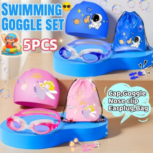 5PCS Kids Swimming Goggles Set Stretchable Swim Cap Cartoon Pattern Protective Waterproof Goggles