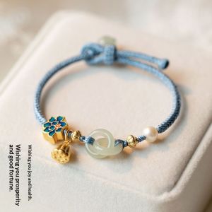 Mettle Vault Chinese Style Braided Bracelet with Double Ring Jade Charm and Pearl Elegant Handmade Gift for Women