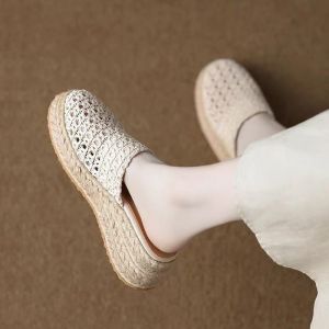 Free Shipping Thick-Soled Woven Half-Slippers Casual Hollow-Out Retro Woven Closed-Toe Slippers Summer Outdoor Wear Wedge Mules
