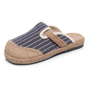 [FreeShipping] 2026 New Vertical Stripe Home Cotton Linen Embroidered Shoes for Women Non-Slip TPR Soft Sole Slippers Handmade Shoes