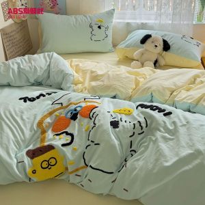 ABS Washed Cotton Towel Embroidered Four-Piece Set Cartoon Towel Embroidered Duvet Cover Student Dormitory Bed Sheet Single Bed Fitted Sheet Three-Piece Set LZD