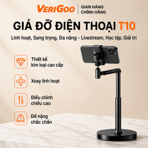 Giá đỡ điện thoại VERIGOO T10 chất liệu hợp kim nhôm xoay 360 độ gập 180 độ điều chỉnh cao 28-40cm để bàn livestream