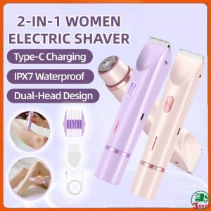 COD Ready Stock 2‑in‑1 Double Head Electric Shaver Wanita IPX7 Waterproof Wet Dry Painless Hair Removal for Bikini Armpit Leg Body