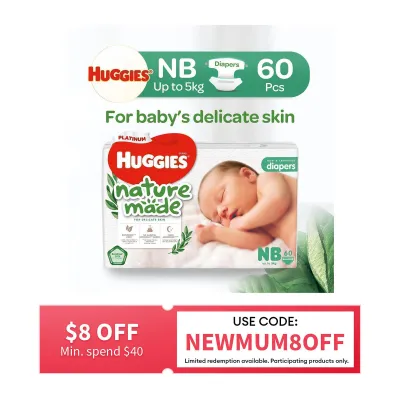 Huggies Platinum Naturemade NB NewBorn 60s Tape Diapers (Packaging may vary)