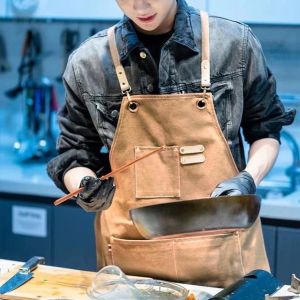 Canvas leather straps Strap-back type Coffee Shop Aprons Barber Working Bib Kitchen Cooking Aprons