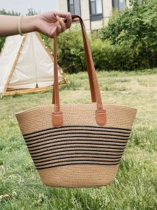 UNIGOLD Woven Straw Mat Bag High Capacity Beach Bag Underarm One Shoulder Tote Shoulder Bag Pocket Inside Bags Zipper Wanita Totebag