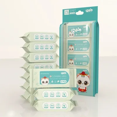 Bịch 8 Gói 64 Cái Khăn Giấy Ướt Mini Hoạt Hình Cao Cấp Bỏ Túi Tiện Lợi