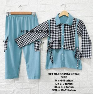 Oneset Cargo Anak PITA KOTAK Crinkle mix Katun 4-11 Tahun Setelan Anak Perempuan OOTD Viral