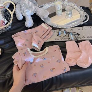 TUmama ชุดชุดลองจอนเด็กการ์ตูนรูปหมีสำหรับเด็กน่ารักชุดนอนผสมผ้าฝ้ายยืดได้สำหรับฤดูใบไม้ร่วงและฤดูหนาว