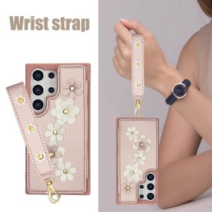 For Samsung Galaxy S25 S24 S23 S22 Plus / S25 S24 S23 S22 Ultre / S23 FE Phone Case Beautiful Art Flower with bracket Slot Leather Back Cover