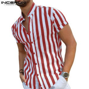 Medussa INCERUN Mens Short Sleeve Striped Beachwear Shirts Casual Holiday Tee Tops Shirts (Western Style)