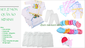 [TẶNG VÒNG DÂU TẰM ] Set 27 Quần Áo Tã Dán Tã Lót Khăn Sữa Sơ Sinh gồm 5 Áo màu + 5 Quần dài + 10 Bao Tay Chân + 2 Nón + 5 Tã dán