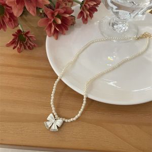 Korean Fashion White Bow Necklace Elegant Pearl Neck Lace Women Accessories Jewelry for Girls