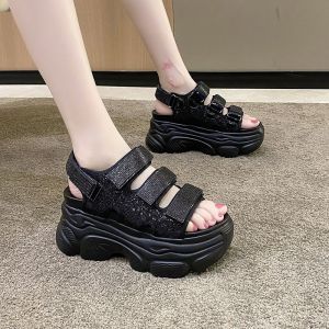 New Open Toe Womens Sandals Velcro Bright Diamond Fashion Heightening Roman Sports Sandals