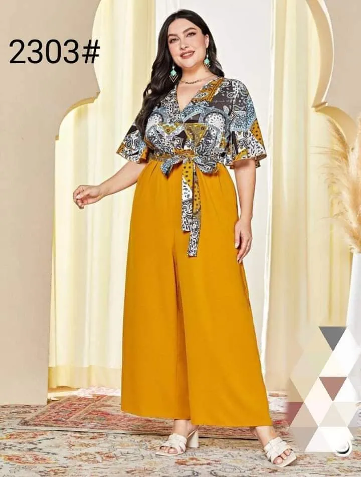 Womens Casual Formal Plus Size Jumpsuits Yellow V Neck Wide Leg