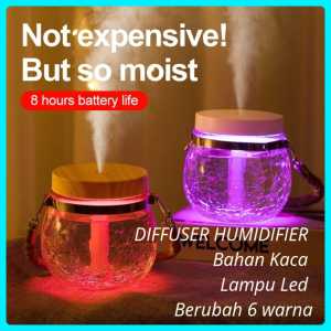 Diffuser 400ML Pelembap Botol Pelembap Udara Kabut Kaca 7 Warna Lampu Malam Pegangan Tali Penyebar Minyak Esensial Pelembap Udara USB Desktop Dingin