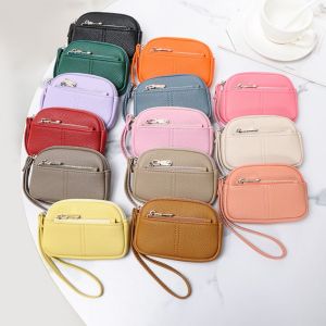MENGLIANG PU Leather Women Mini Wallet Solid Color Storage Bag Wrist Key Bag Fashion Large capacity Students Coin Purse
