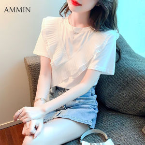 Ruffle Top สไตล์เกาหลี Ins แฟชั่นอารมณ์ Ruffle เย็บรอบคอเสื้อชีฟอง