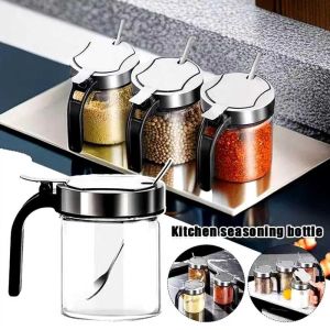 Premium Glass Seasoning Jar with Spoon – Airtight Spice Storage Container for Kitchen | 300ml for Sugar Salt Herbs & Condiments