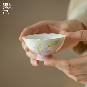 墨己仿宋花口高足茶杯手绘釉下彩家用陶瓷主人杯功夫茶具品茗杯