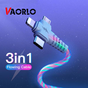 VAORLO 3 in 1 Flow Luminous Lighting USB Charging Cable LED Micro USB Type C 8-Pin Charger Cord for Huawei Xiaomi OPPO Realme