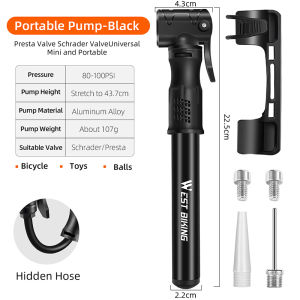 West Biking Portable Bicycle Air Pump Alloy 120PSI MTB Road Bike Tire Pump With Bulit-in Hose Ball Air Inflator Bicycle Accessories