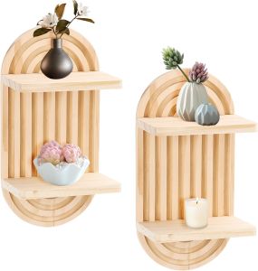 2 Pieces Boho Wall ShelfMid Century Arch Wood Floating ShelfBohemian Rainbow Hanging HolderDouble Vintage Wall Mount Altar Decor for Living Room BedroomBathroomOffice