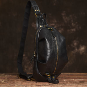 NUPUGOO Mens Retro Chest Bag Casual Shoulder Genuine Leather Crossbody Daily Commuter Head Layer Cowhide Small Crossbody Bag