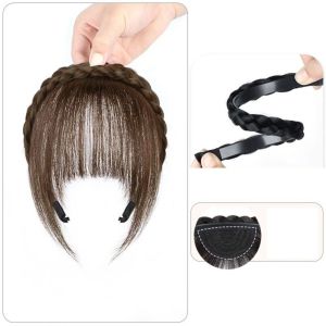 NAMSHEVA Synthetic Braided Headband Invisible Wig Natural Flase Brown Plaited Hairband Bohemian Style with Long Sides Headband Bangs Women