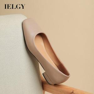 IELGY womens single shoes low heel chunky heel shallow mouth soft leather square toe all-match small leather shoes