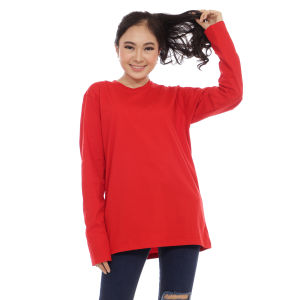 Kaos Polos Wanita Oneck Lengan Panjang Bahan Katun Combed 30s Warna Merah Solid